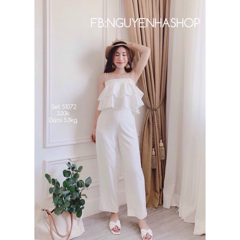 [ Miễn Phí Ship 2022 ] Set bộ kate áo hai dây xếp ly hai tầng kèm quần dài ống xuông