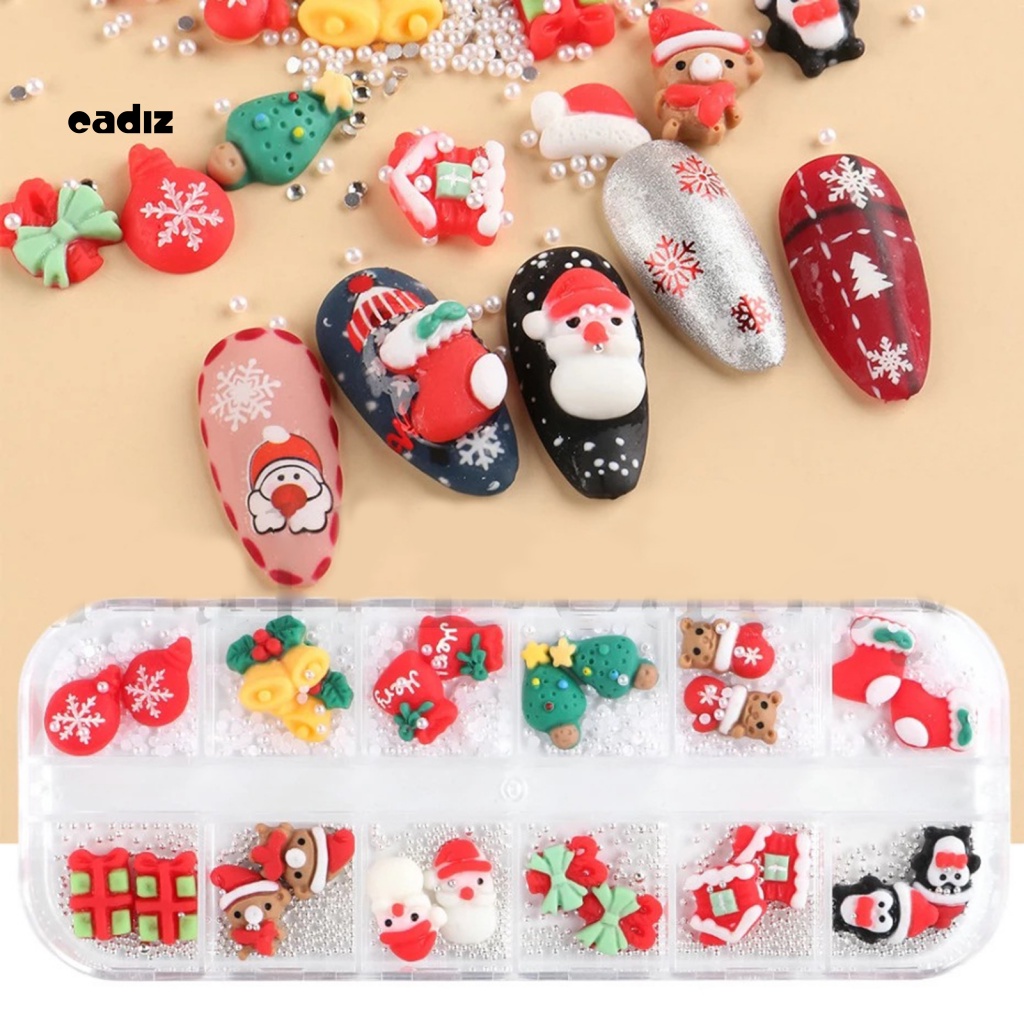1 Hộp 12 Ngăn Đựng Phụ Kiện Trang Trí Móng Tay Hoạt Hình Giáng Sinh Lâu Trôi Không Gây Kích Ứng