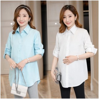 Thời Trang Áo Sơ Mi Trắng Tay Dài Cổ Polo Dáng Rộng Phối Thắt Lưng Cho Phụ Nữ Mang Thai