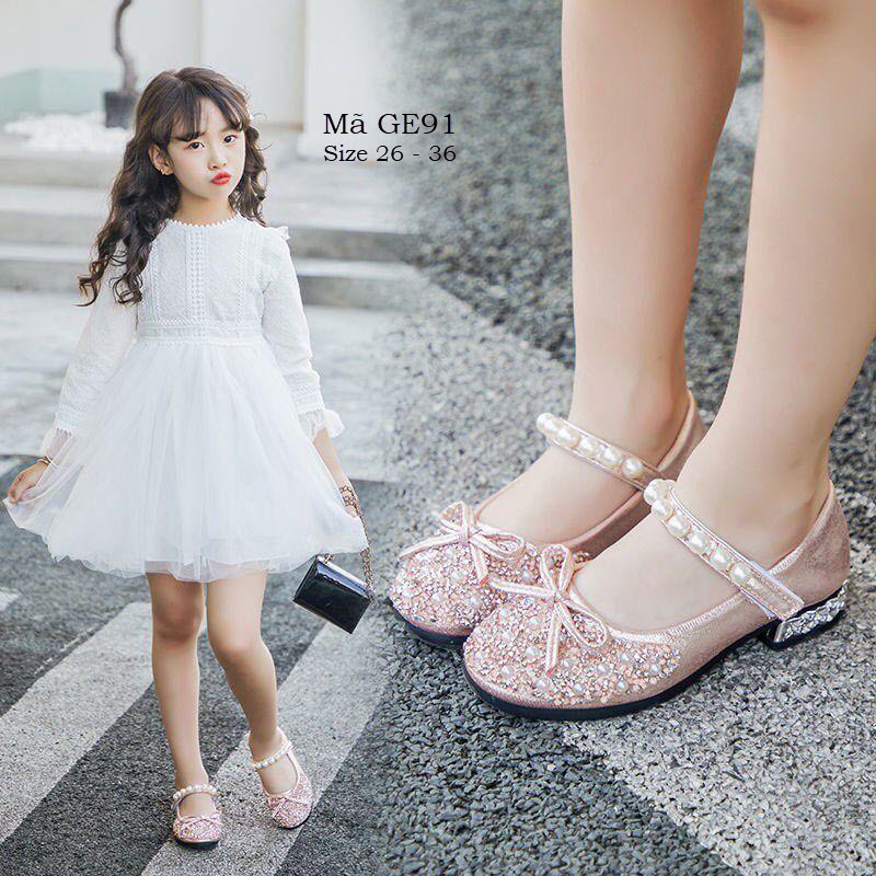 Giày bé gái, giày búp bê bé gái thời trang êm mềm quai dán kim sa lấp lánh hồng siêu xinh cho bé gái 3 - 12 tuổi GE91