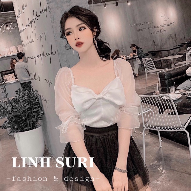 Áo lụa phối nơ + chân váy lưới tầng