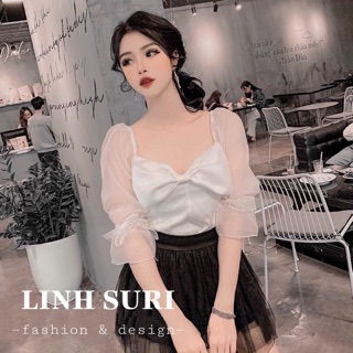 Áo lụa phối nơ + chân váy lưới tầng