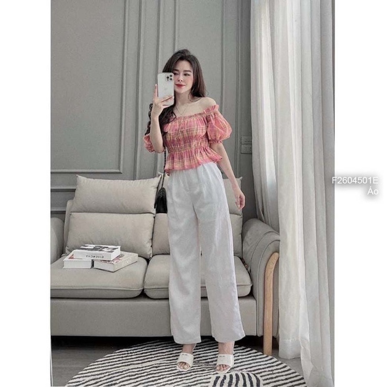 Áo caro kiểu trễ vai a2604