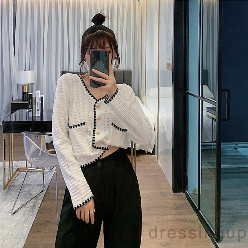 Áo croptop dệt kim tay dài cổ chữ V dáng rộng cài nút kiểu retro cho nữ