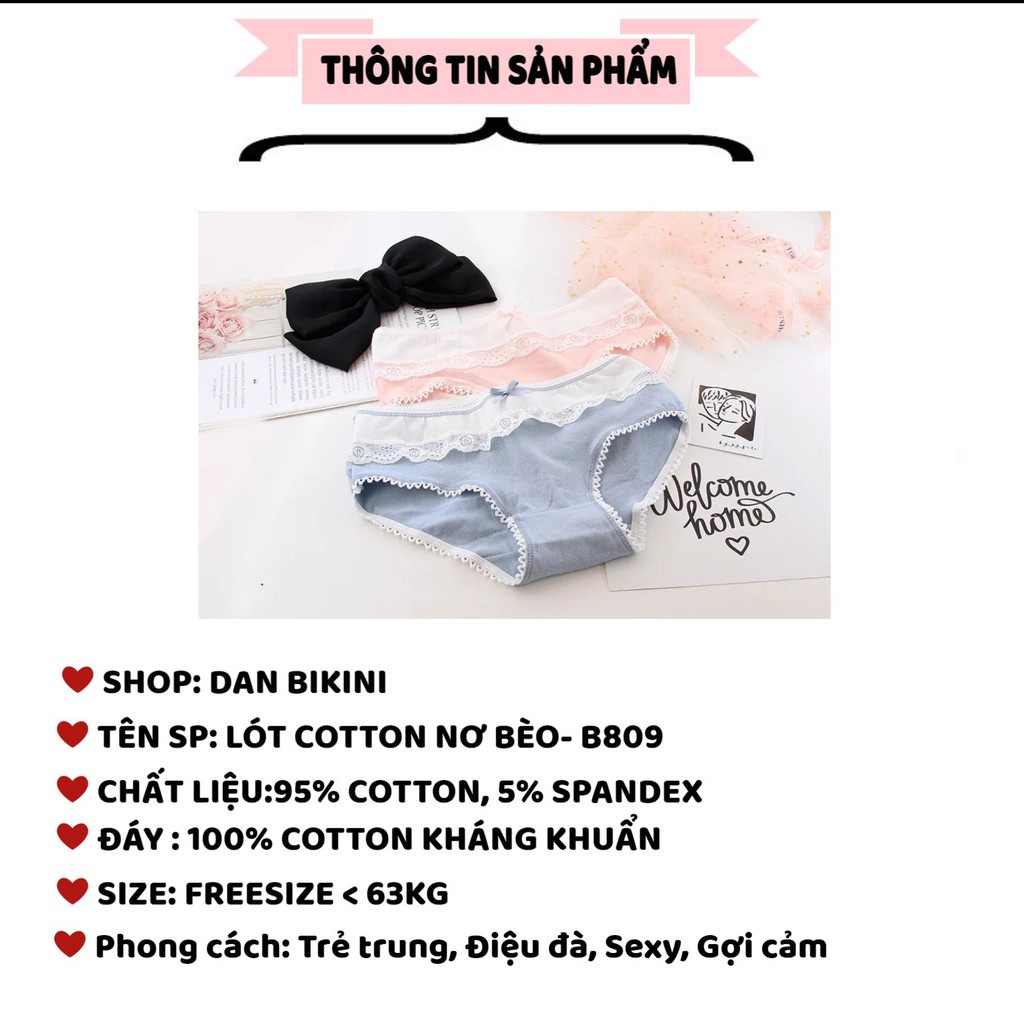 Quần Lót Nữ Cotton 100% kháng khuẩn phối viền ren đính nơ điệu đã mã B809