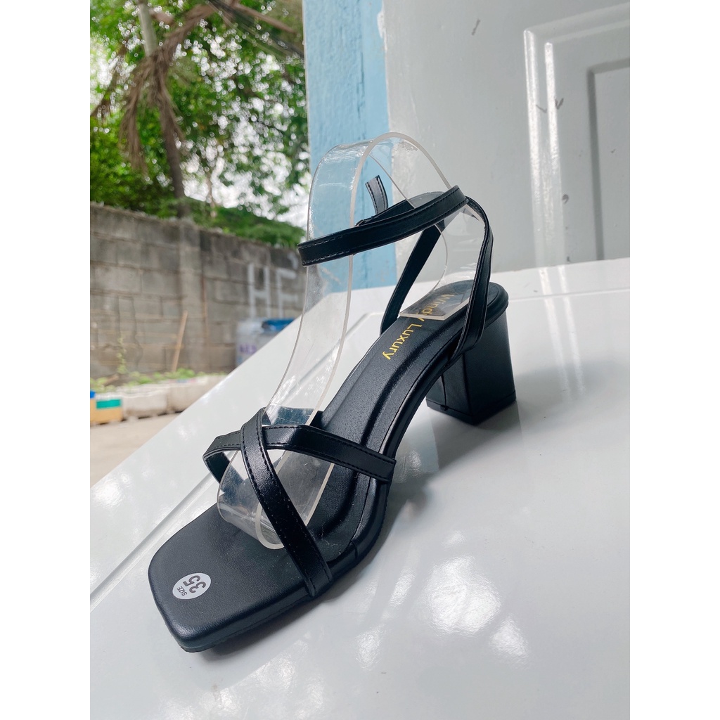 Sandal dây mảnh chéo, đế trụ 5cm, khóa cài, mũi vuông, basic sang trọng - 1000016