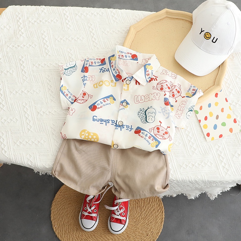 Set Đồ Mùa Hè 2 Món Gồm Áo Tay Cộc Cổ Bẻ + Quần Ngắn In Họa Tiết Hoạt Hình Phong Cách Hàn Quốc Cho Bé