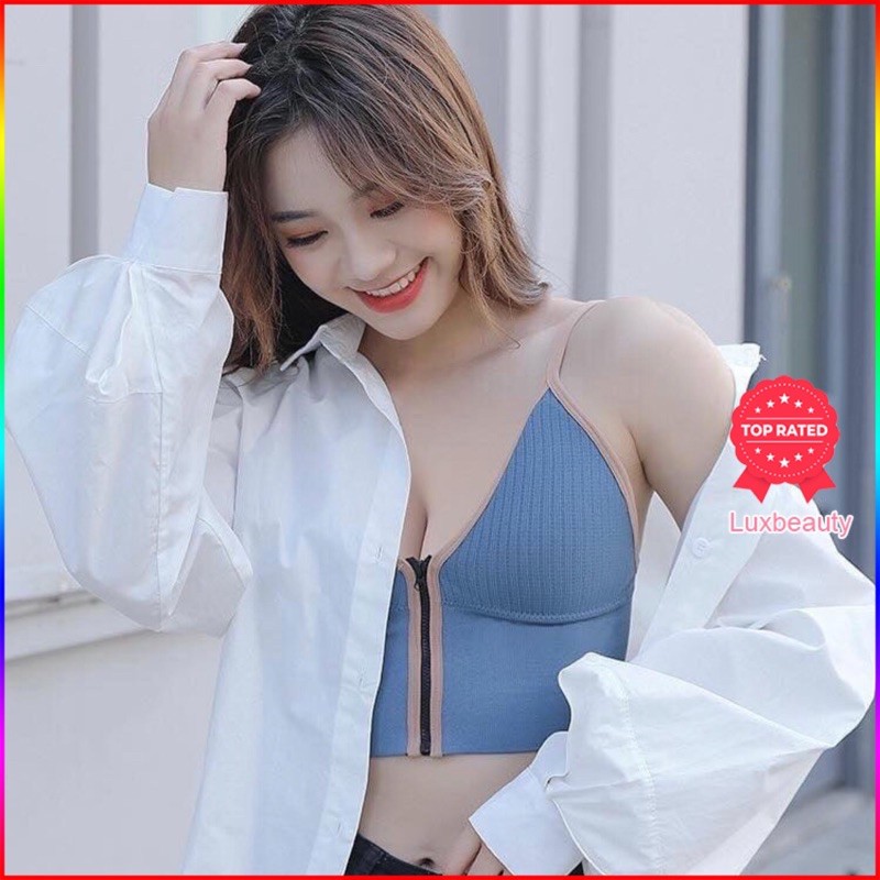 Áo Bra Nữ Cá Tính 2 Dây Cỗ V Khóa Kéo Trước Áo Croptop Đẹp Cotton Mềm Mịn