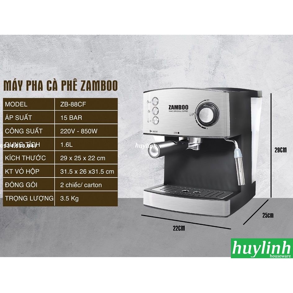 [Mã ELHAMS5 giảm 6% đơn 300K] Máy pha cà phê Espresso gia đình Zamboo ZB-88CF - 15bar - Tặng 500 gram cafe