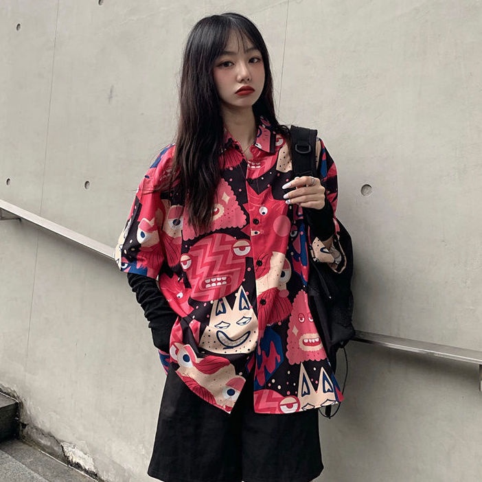 Áo Sơ Mi Voan Tay Ngắn Dáng Rộng In Họa Tiết Cá Tính Trẻ Trung Hợp Thời Trang