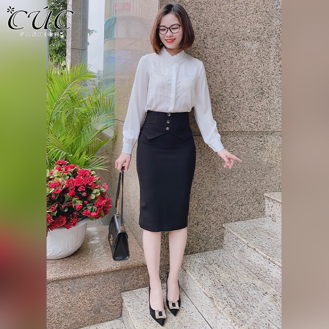 Chân váy công sở cao cấp dáng dài Cúc Fashion CV577 đầm nữ cv bút chì 3 cúc