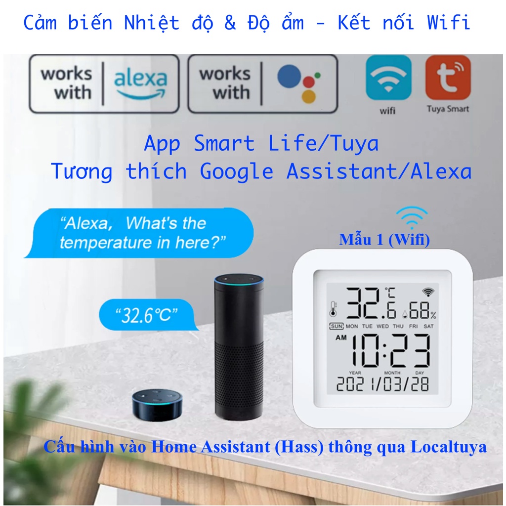 Cảm biến Nhiệt độ &amp; Độ ẩm, có màn hình hiển thị, kết nối Wifi, Hệ Tuya, App Smart Life/ Tuya