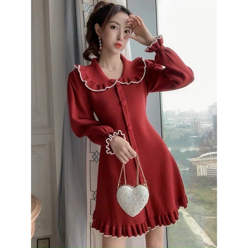 Váy len xoè cổ viền bèo