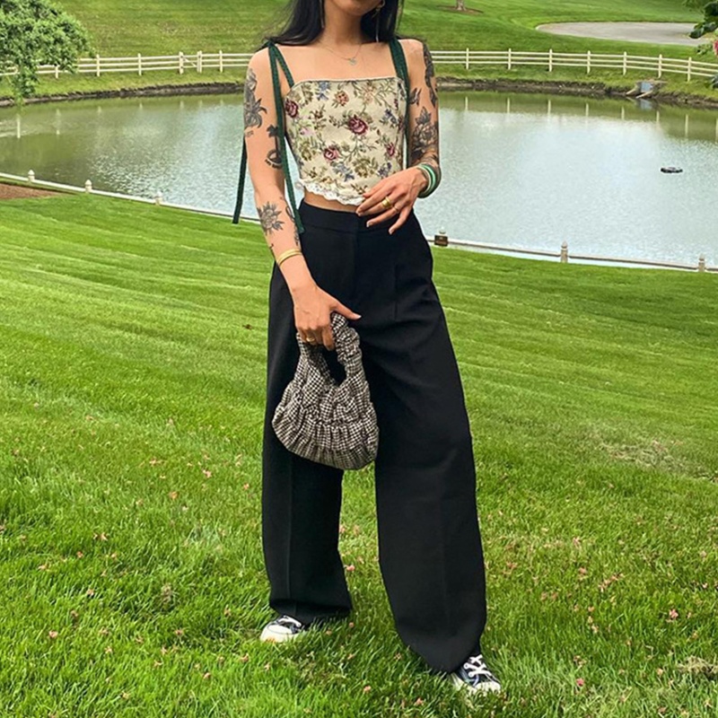 Áo Croptop Hai Dây Hở Lưng Họa Tiết Hoa Phong Cách Vintage Cho Nữ