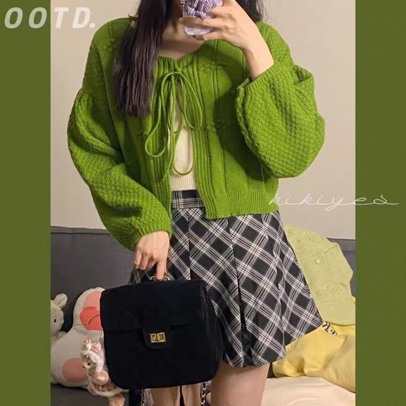 Áo Khoác Cardigan Len Tay Phồng Dáng Ngắn Phối Ruy Băng Màu Xanh Lá Thời Trang Hàn Quốc Mới Cho Nữ