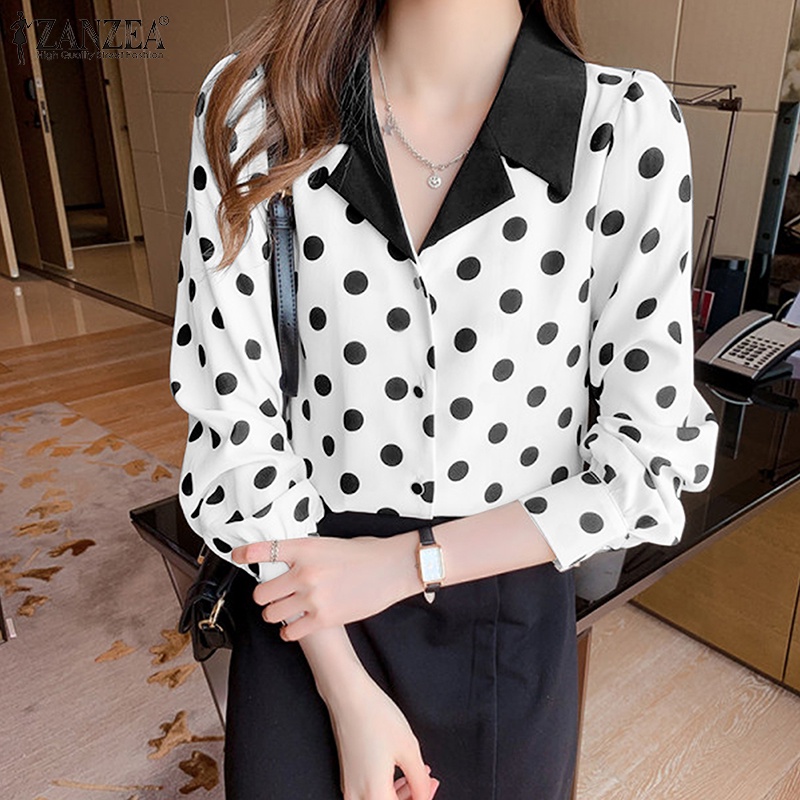 Áo sơ mi ZANZEA tay dài cổ bẻ họa tiết chấm bi phong cách Hàn Quốc thanh lịch dành cho nữ