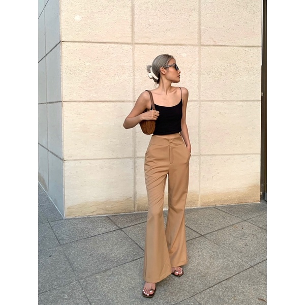 Quần tây nữ ống loe dáng dài 2 nút màu nâu cơ bản MIEU - JF08