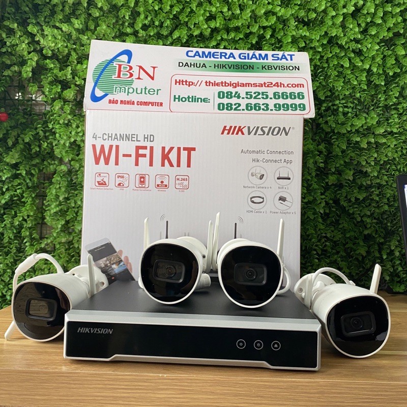 Bộ Kit 4 Camera IP WIFI Hikvision Không Dây Ngoài Trời 2MP Cắm là chạy.