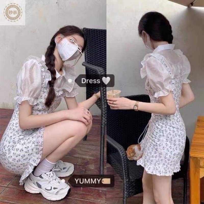Set đầm hoa kèm áo sơmi bèo