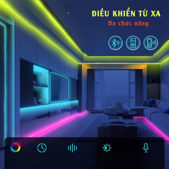 Đèn Dây LED RGB Đa Màu Kết Nối Bluetooth Nhiều Màu Điều Khiển Bằng Remote và App Điện Thoại