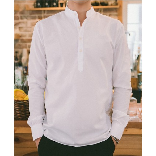 Sơ mi nam trắng dài tay cổ trụ chui đầu vải cotton | BigBuy360 - bigbuy360.vn