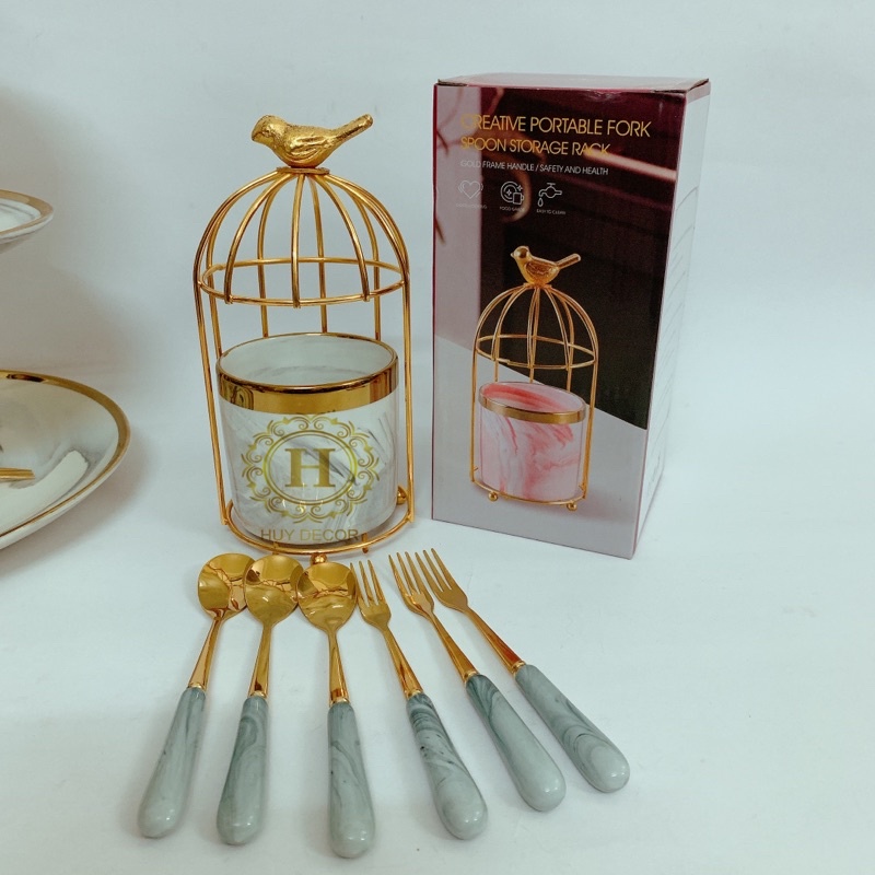Giỏ đựng muỗng nĩa thìa dĩa hình lồng chim bằng sứ vân đá cẩm thạch mầu xám trang trí Huydecor