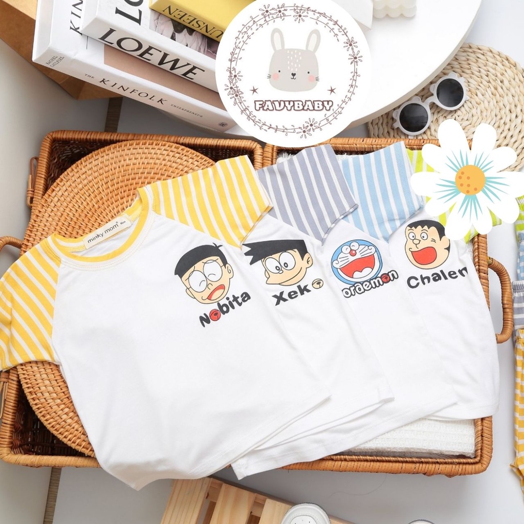 Đồ Bộ Quần Áo Minky Mom Bé Trai Bé Gái Cộc Tay Thun Lạnh Sọc Dệt Hình Đô Rê Mon Trẻ Em 0 1 2 3 4 5 Tuổi - Favybaby