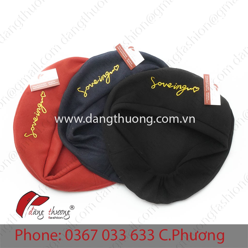 Mũ nồi Beret Nỉ Dạ Thời Trang thêu chỉ ánh kim vàng Loving &lt;3 ĐEN, XANH ĐEN, ĐỎ