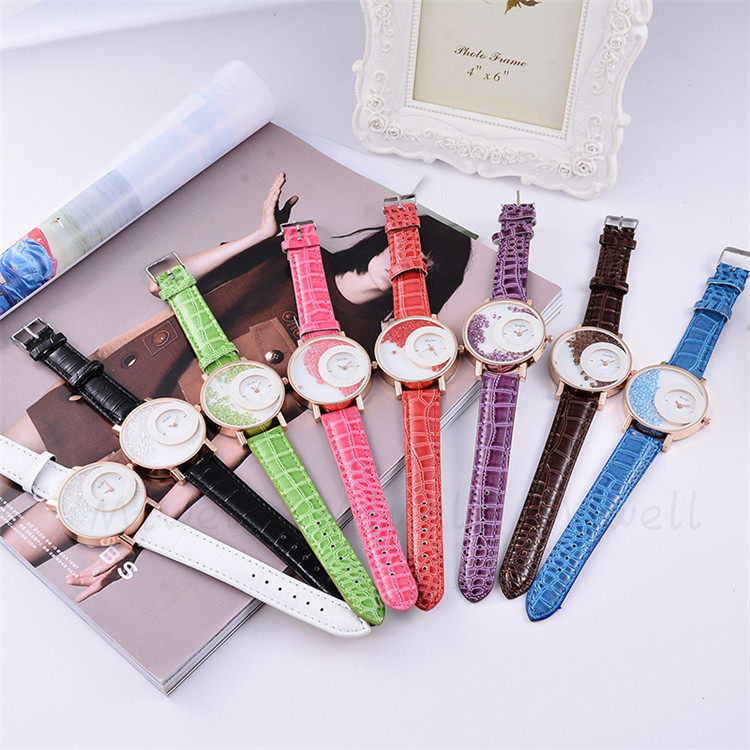 Double Dials Casual Women Watch, Fashion Rhinestone Leather Strap Quartz Wristwatch WH0386-38