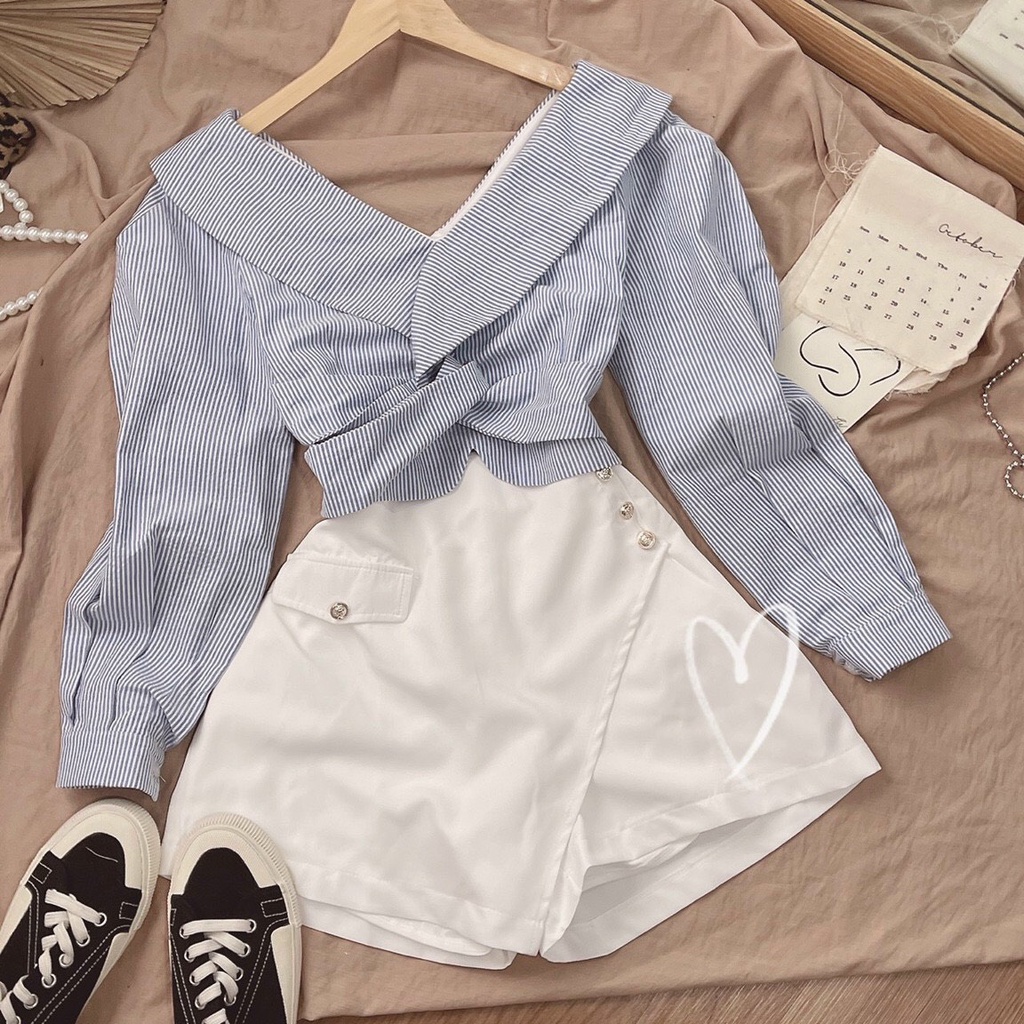 SET ÁO SỌC BẸT VAI + CHÂN VÁY NÚT TRẮNG
