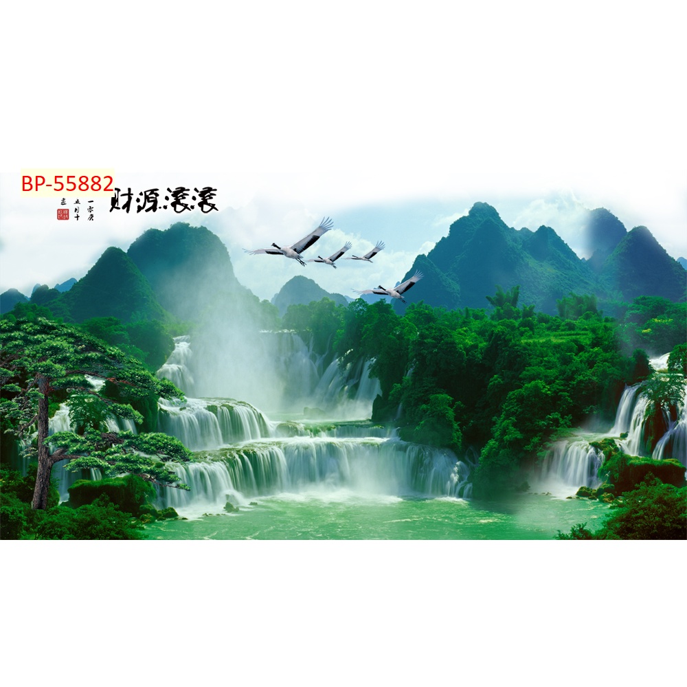 Tranh 3D phong cảnh thác nước chảy, sông suối nên thơ in theo kích thước yêu cầu