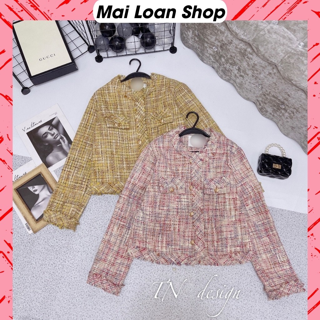 Áo Khoác Nữ Thu Đông, Áo Khoác Nữ Dạ Tweed Tua Rua Cao Cấp Tay Dài Cổ Tròn Cúc Đồng Sang Chảnh.