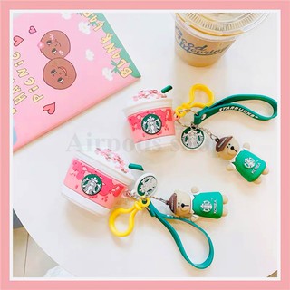 (Hàng loại 1) Ốp Airpods 1/2, Airpods Pro ly kem Starbucks hồng kèm móc gấu kute silicon 3d cao cấp