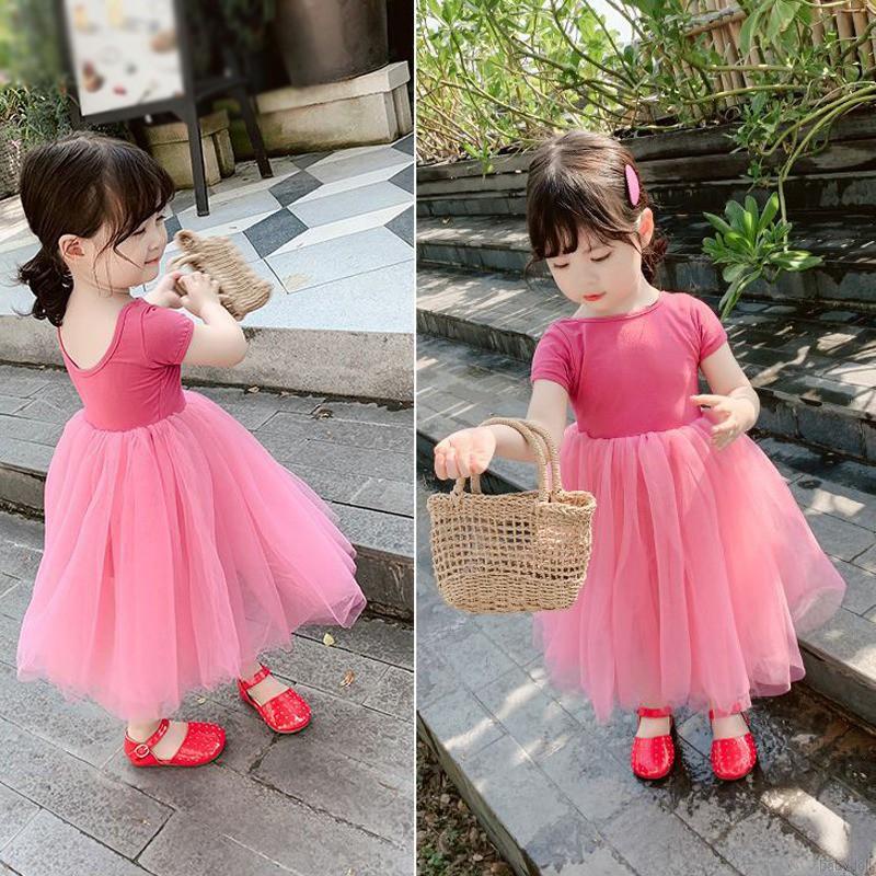 Đầm tay ngắn cổ tròn phối lưới thời trang Hàn Quốc ngọt ngào cho bé gái 2-7 tuổi