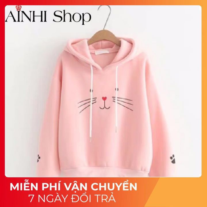 Áo Hoodie Nữ ❤️FREESHIP❤️ Áo Hoodie Nhiều Màu Vải Nỉ Poly In Mặt Mèo Cute - Hoodies Nón Nữ Áo Hoodie Free Size Dưới 60kg