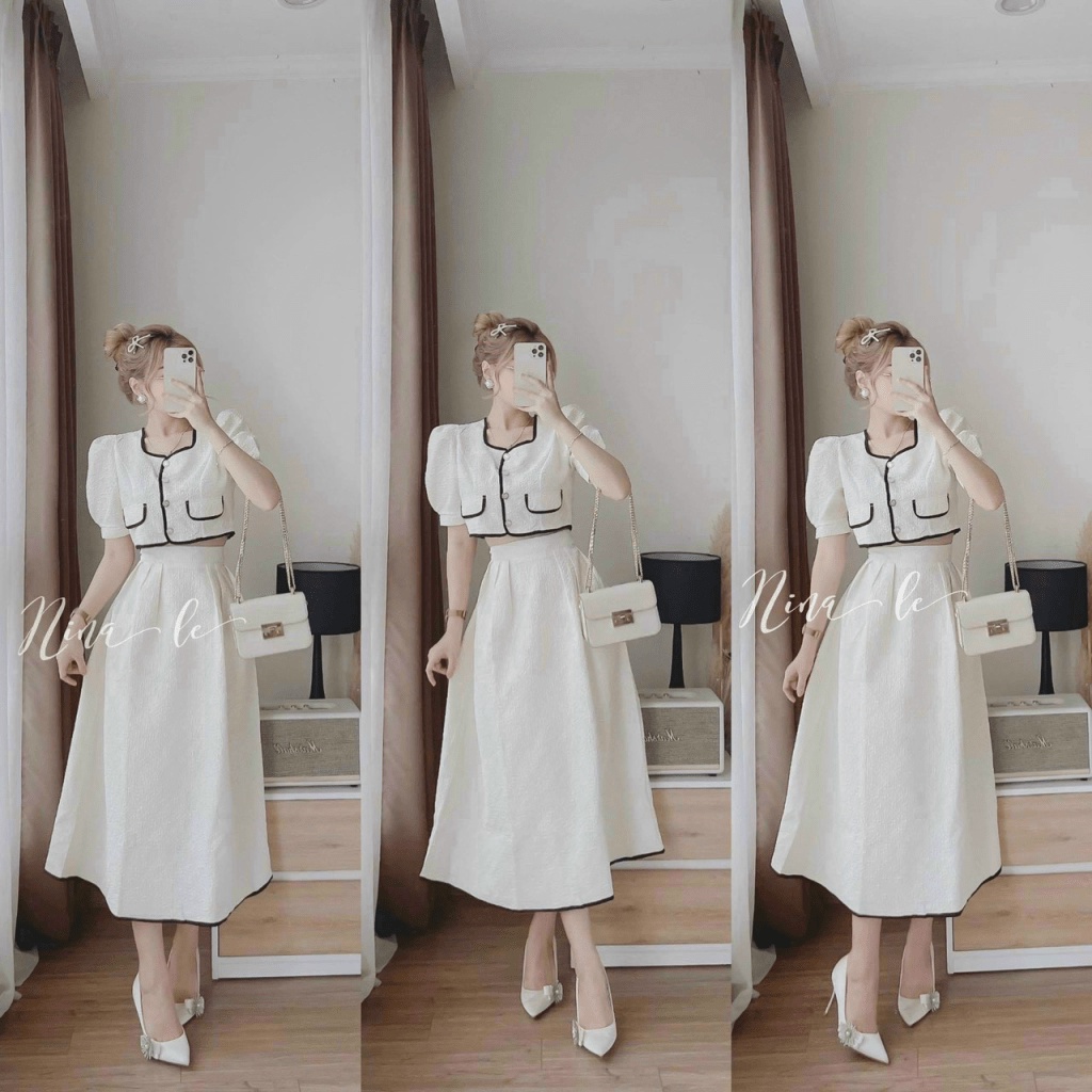 Sét Đầm 2 Món áo Viền Kết Hợp Chân Váy Xòe Dài Có Lót Chất Xốp Nhật Mặc Mát Tôn Dáng NEW UNISEX