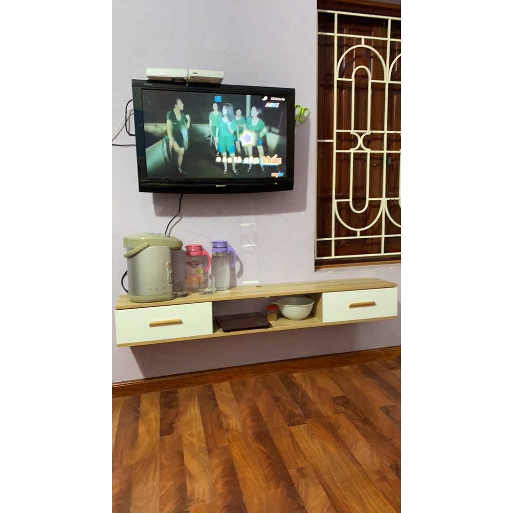Kệ tivi treo tường phòng khách/ngủ tiết kiệm diện tích 2 ngăn kéo vân gỗ sồi phong cách the nordic - GP110