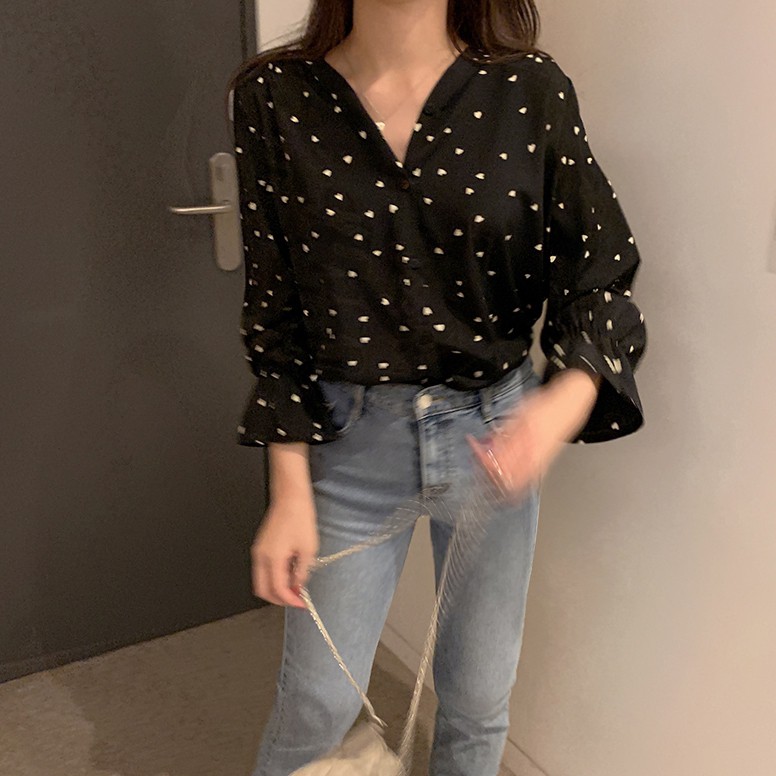 NEW Áo Sơ Mi Chiffon Tay Dài Cổ Chữ V Họa Tiết Trái Tim Phong Cách Hàn Quốc Cho Nữ