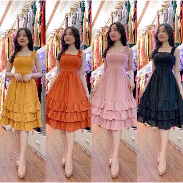 Váy, đầm hai dây nhún 3 tầng siêu xinh xắn đi biển