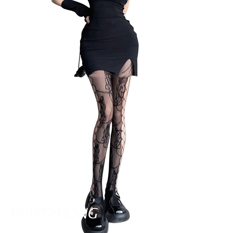 Quần Tất Lưới Màu Đen Họa Tiết Hoa Hồng Phong Cách Gothic Punk Quyến Rũ Cho Nữ