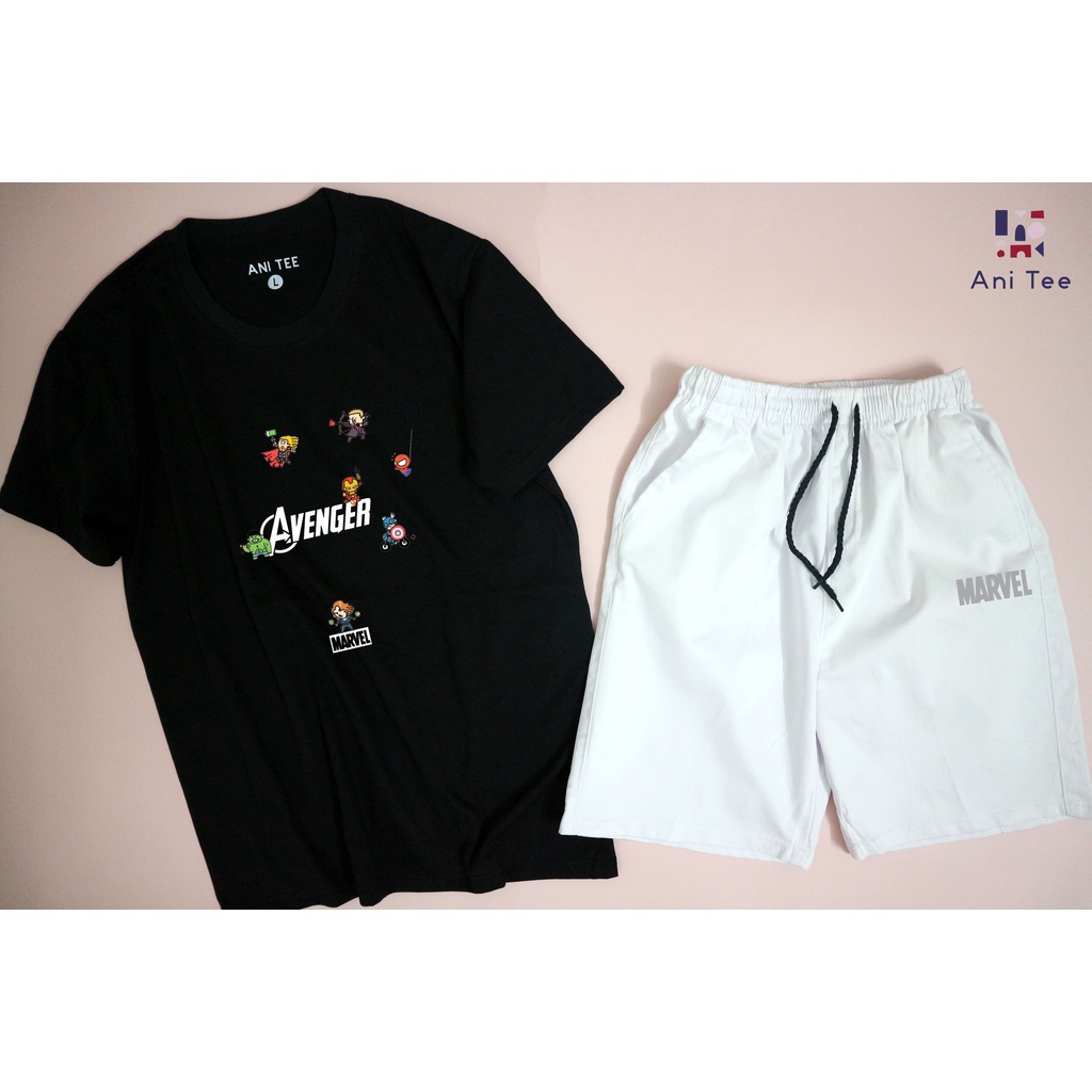 COMBO ÁO THUN COTTON +SHORT KAKI HOẠT HỌA MA.RVEL CHÉO IN PHẢN QUANG