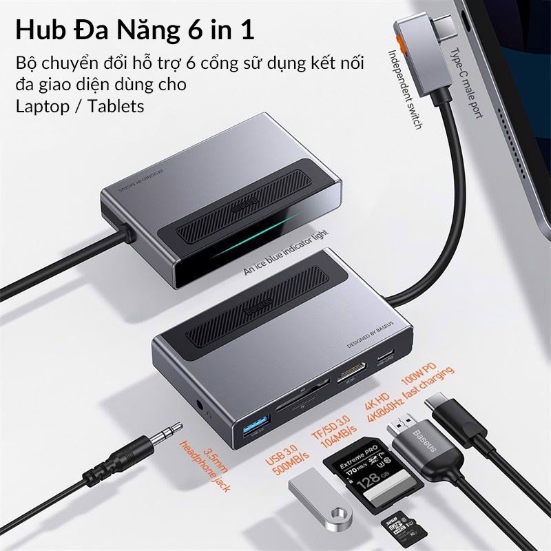 Hub Chuyển Đổi 6 in 1 Baseus Magic Multifunctional cho iPad Macbook Hỗ Trợ USB 3.0, SD/TF Card, HDMI 4K60Hz, AUX 3.5mm