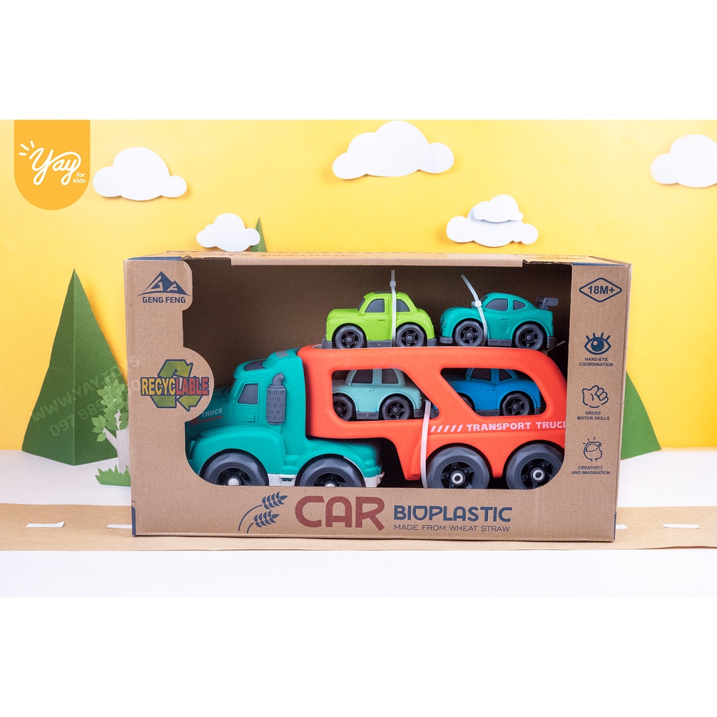 Mô Hình Xe Tải Kèm 04 Xe Con Nhựa Lúa Mì Cho Bé 18m+- GengFeng