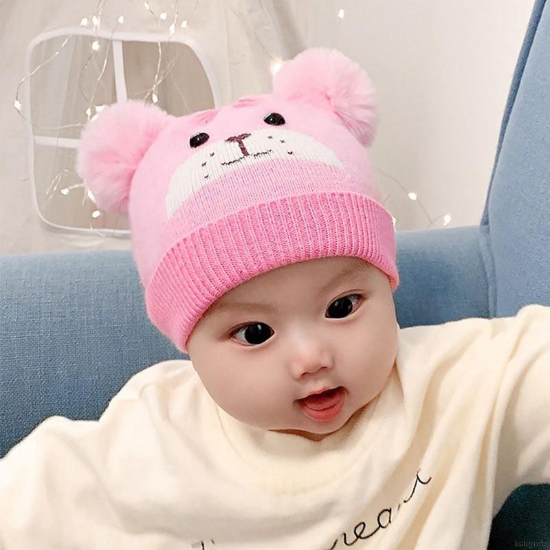 Mũ len trùm đầu đính quả bông dễ thương cho bé