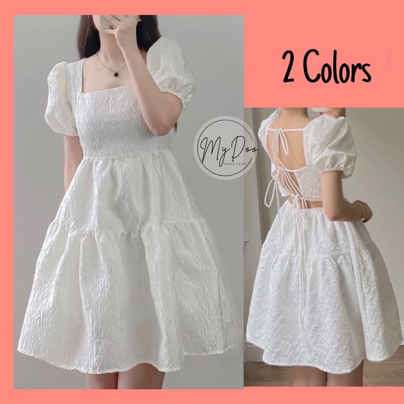 Váy Babydoll tay bồng công chúa Vintage, váy cổ vuông tay bồng cách điệu hở lưng buộc dây cao cấp V4