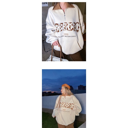 Áo sweater cổ polo có khóa kéo màu tương phản thiết kế chữ thêu dày dặn lót vải lông cừu phong cách Âu Mỹ cỡ lớn cho nữ