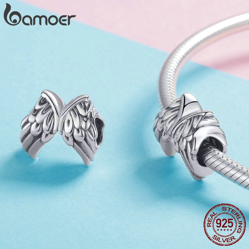 Hạt trang sức Bamoer bằng bạc S925 hình đôi cánh thiên thần dùng làm vòng tay