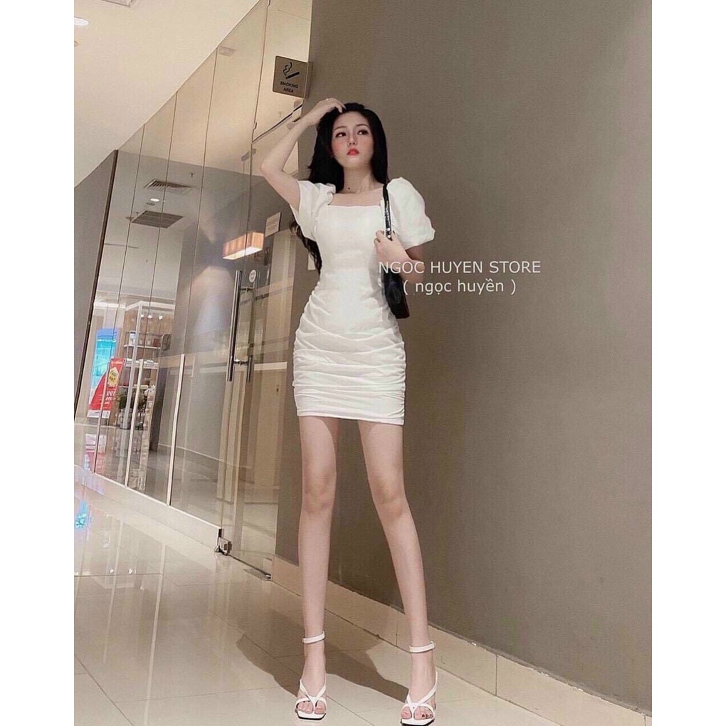 Đầm ôm body nữ đan dây hở lưng, đầm cổ vuông nhún tay phồng, đầm đen trắng nhún hông đi chơi dạo phố sexy