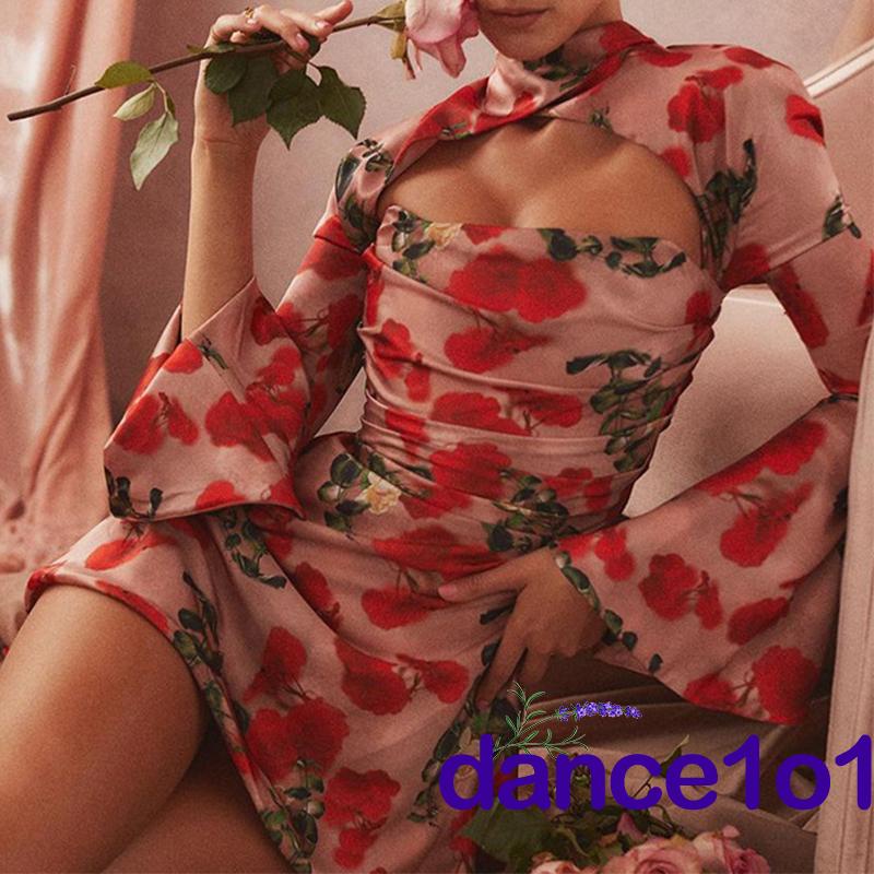 ☽Vh❥Đầm Body Tay Loe Hoạ Tiết Hoa Thiết Kế Khoét Quyến Rũ