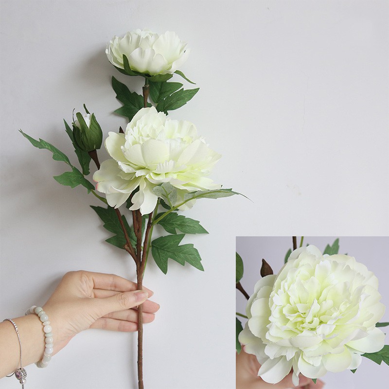 Hoa hồng mẫu đơn giả cành lớn 2 bông size16cm 1 nụ cao 52cm - Trang trí - Trà quý tộc - Hoa giả để bàn